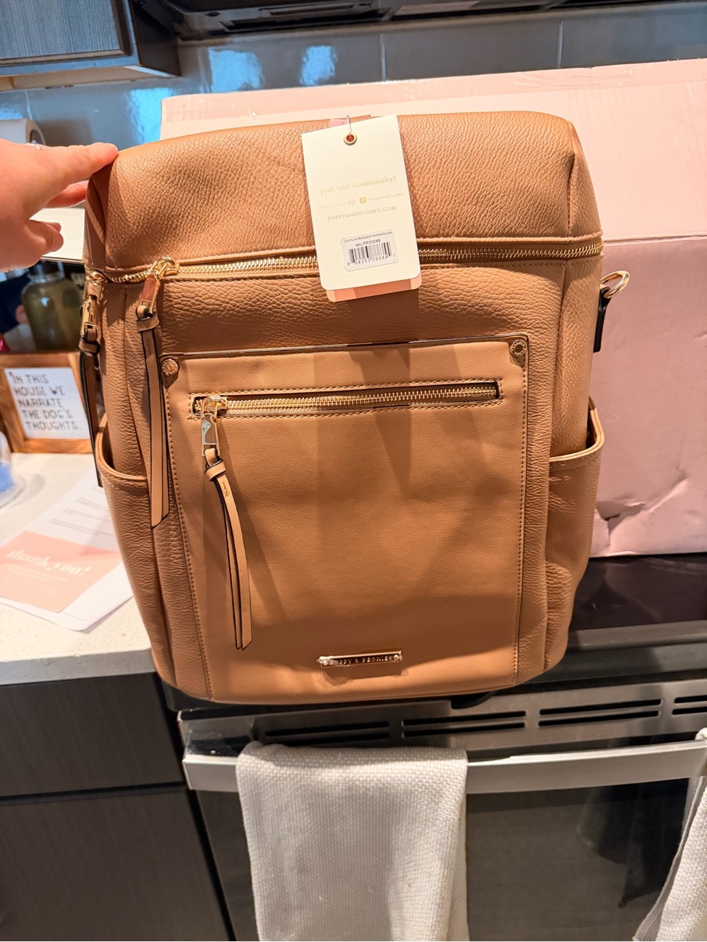 Poppy & Peonies Tan Faux-Leather Backpack aka Commuter Backpack